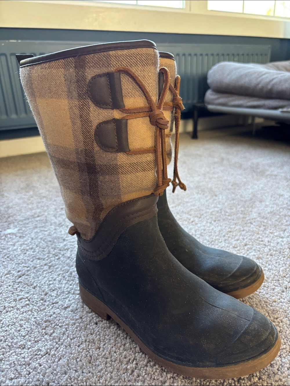 Plaid Kamik Tall Rain Boots with Brown Trim